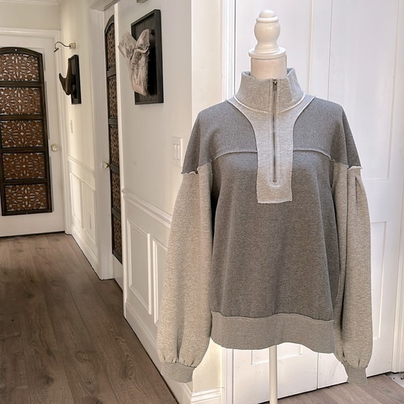 Free People We The Free Kassey Oversized 1/2 Zip Mock Neck Sweatshirt L Gray - Picture 2 of 12
